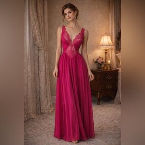 VTG 80s Olga Peignoir Nightgown Medium Lace Magenta Pink Maxi Stretch 92270 Sexy